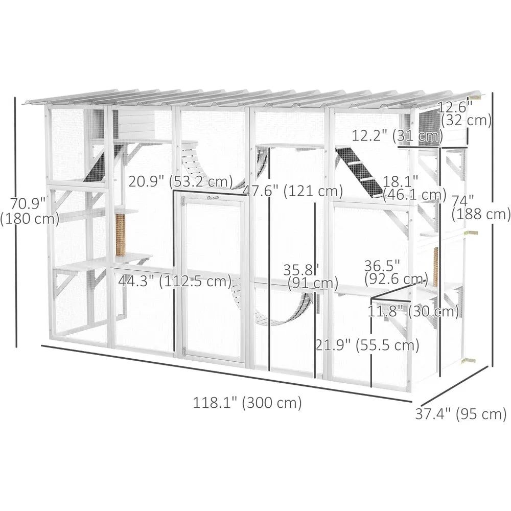 Cat Cage, Catio Playground Cat Window Box Outside Enclosure, Outdoor Cat House with Weather Protection Roof for Multiple