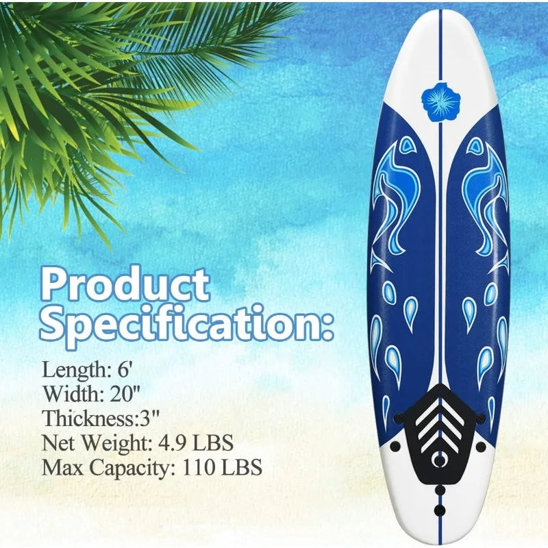 Giantex 6' Surfboard Surfing Surf Beach Ocean Body Foamier Board with Removable Fins, Great Beginner Board for Kids