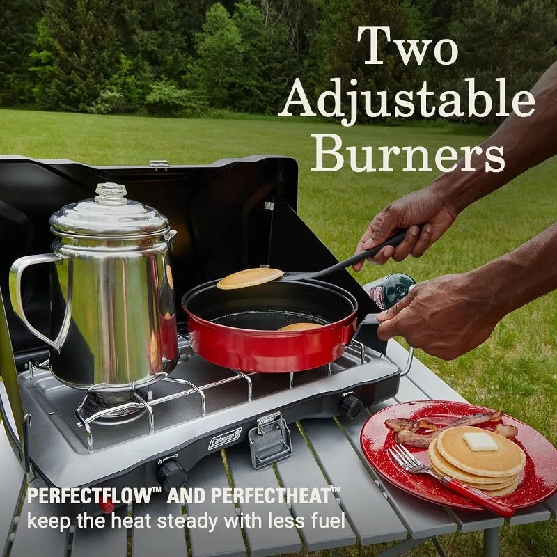 Coleman Triton+ 2-Burner Propane Camping Stove, Push-Button Instant Ignition, Portable Camp Grill,Adjustable Burners,Wind Guards