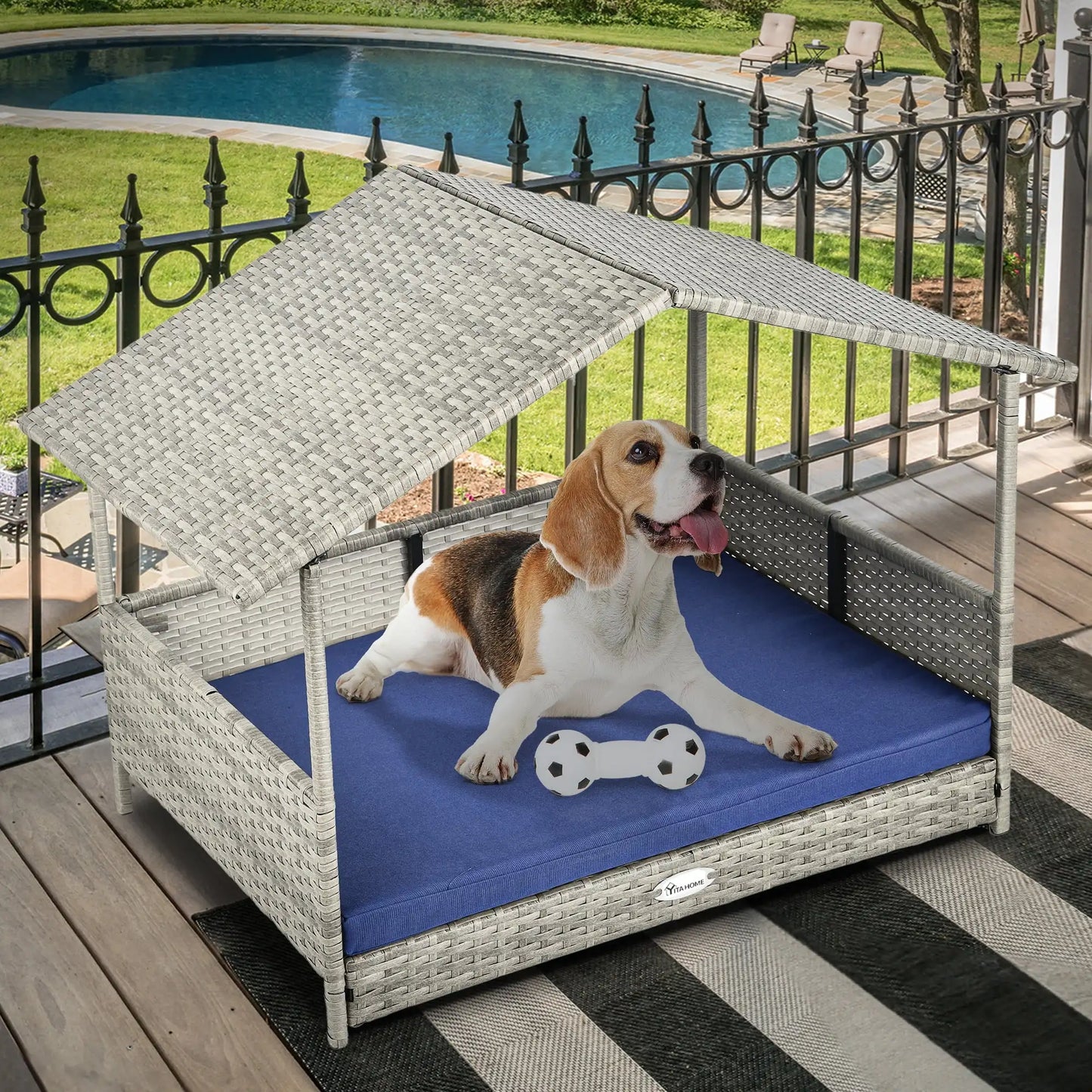 32.9in Outdoor Rattan Doghouse with Canopy, Elevated Water-Resistant Dog Bed with Blue Cushion for Small, Medium,