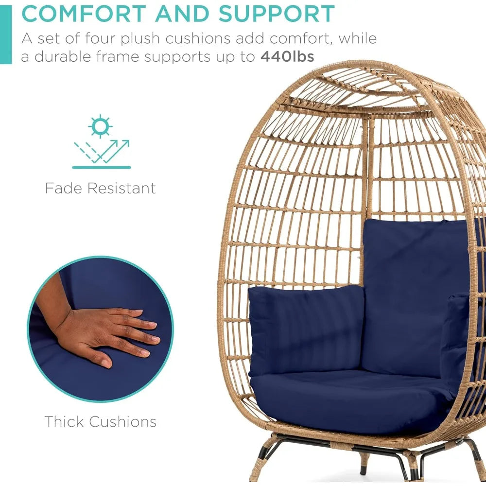 Wicker Egg Chair, Oversized Indoor Outdoor Lounger for Patio, Backyard, Living Room w/ 4 Cushions, Steel Frame,440lb Capacity