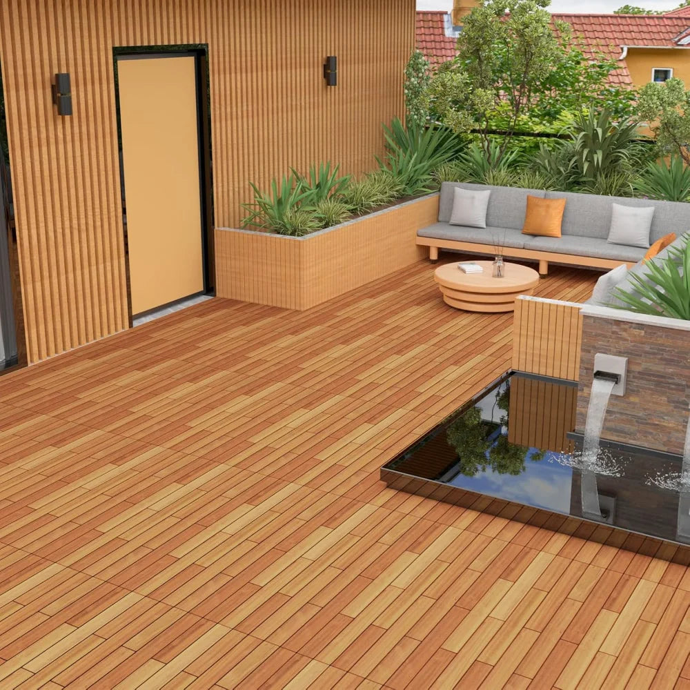18PCS 24" x 12" Long Solid Acacia Wood Interlocking Deck Tiles for 36 Sq Ft - Indoor Outdoor Waterproof Hardwood Flooring