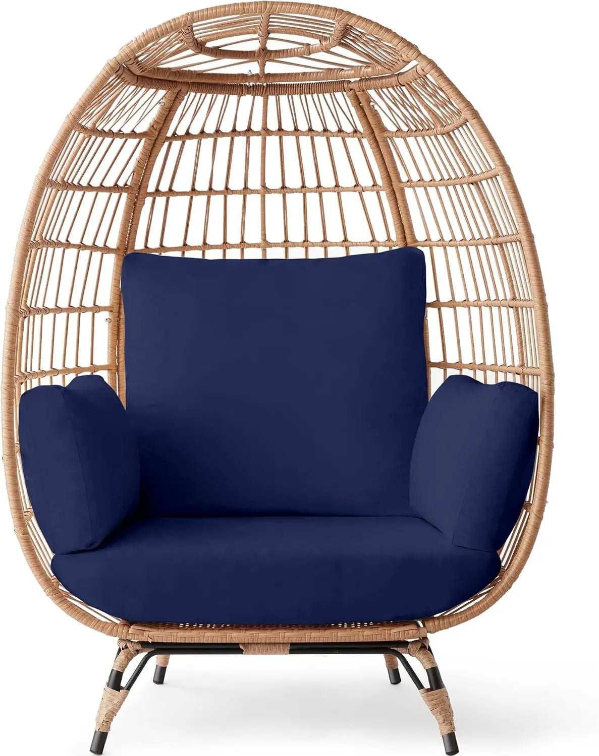 Wicker Egg Chair, Oversized Indoor Outdoor Lounger for Patio, Backyard, Living Room w/ 4 Cushions, Steel Frame,440lb Capacity