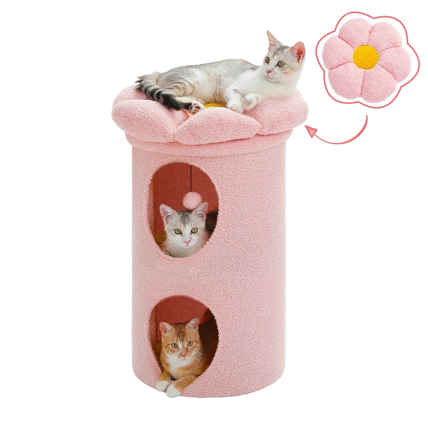 Double-Deck Cat House with Cozy Large Condos, Spacious Cat Bed with Luxury Flower Perch, Pompom Ball, Cat Furniture for Indoor