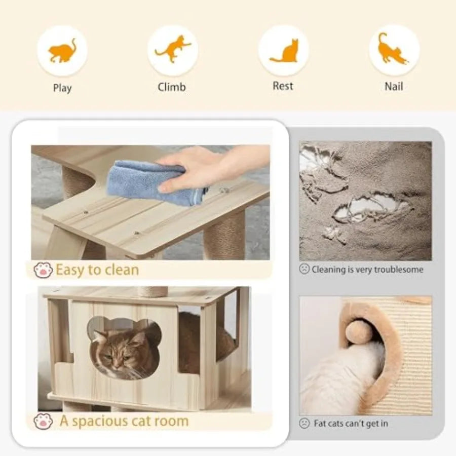 65-Inch Multi-Purpose Wooden Cat Tree Tower with Condo Design Featuring 13 Scratch Posts Padded Platform Bed Interactive Toy Ba - Quick and EZ Shop