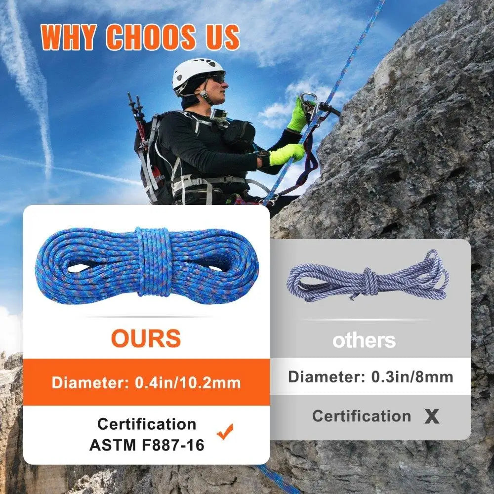 Dynamic Climbing Rope 10.2mm 60M 25KN Breaking Tension Fiber Rope Steel Snap Hooks Outdoor Rock Climbing for escape Rappelling