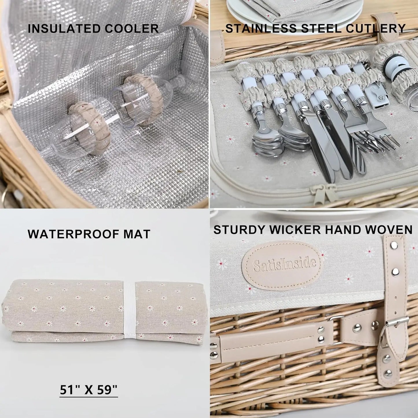 Multifunctional Wicker Picnic Basket Set for 4 with Blanket and Picnic Table, Insulated Picnic Set with Full Tablewares