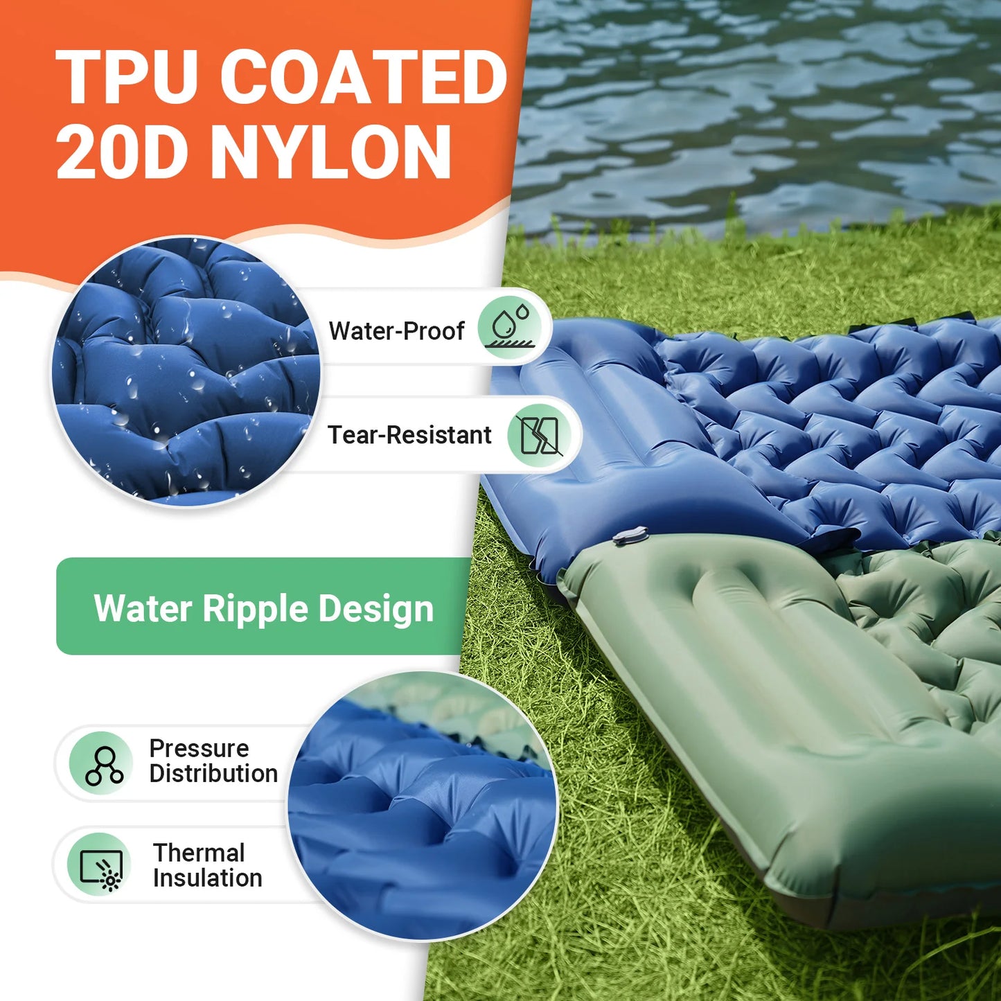 KingCamp Self Inflating Sleeping Pad, Ultralight Inflatable Sleeping Mat With Pillow Built-in Foot Pump For Hiking, Traveling