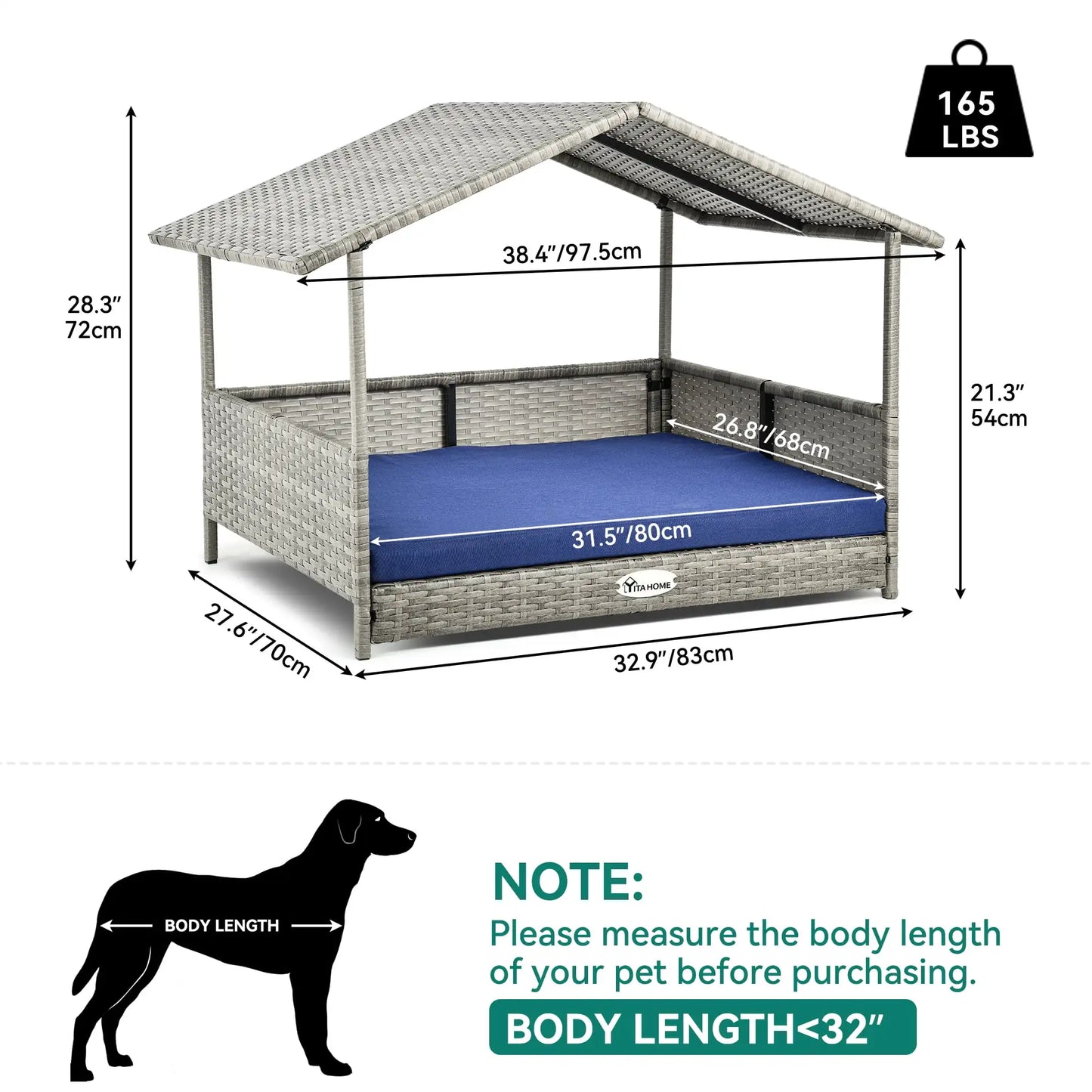 32.9in Outdoor Rattan Doghouse with Canopy, Elevated Water-Resistant Dog Bed with Blue Cushion for Small, Medium,