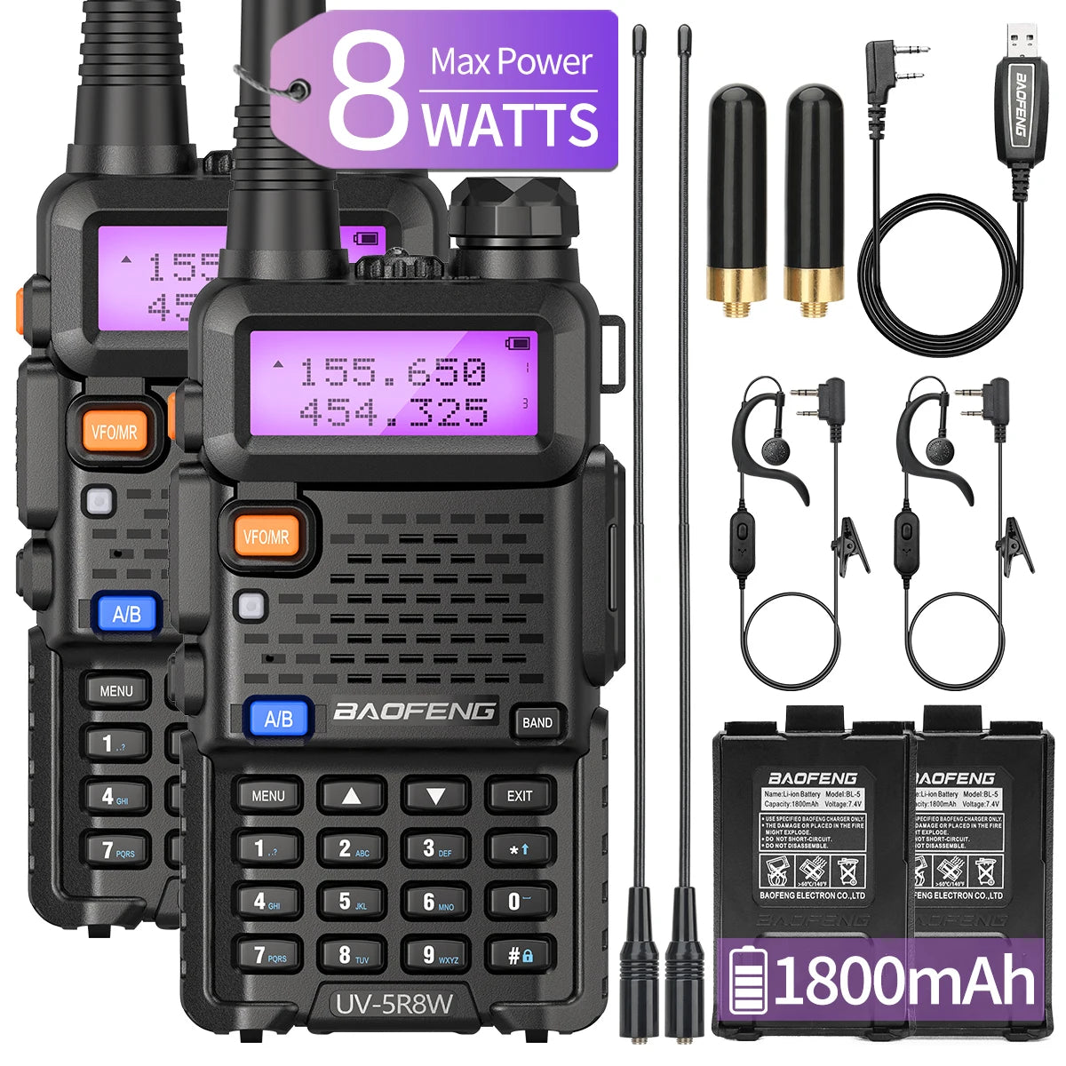 1/2/4 PCS Baofeng UV-5R 8W Walkie Talkie Ham Radio Dual Band VHF UHF Portable FM Amateur 1800mAh UV5R Two way Radio For Climb