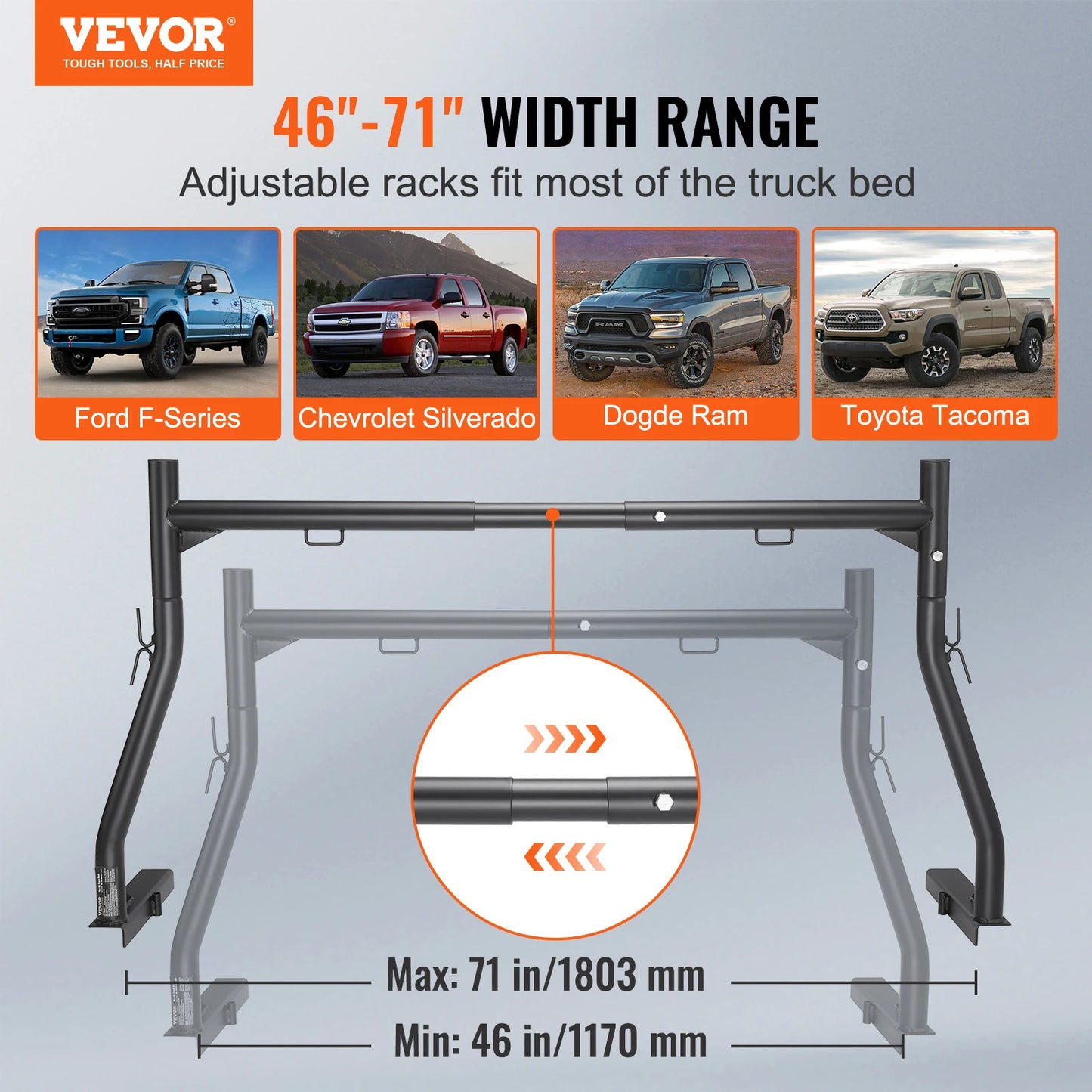 VEVOR 46-71inch Extendable Truck Ladder Rack 800 lbs Capacity Steel Rack for Truck with Non-Drilling J-bolts for Kayak Surfboard