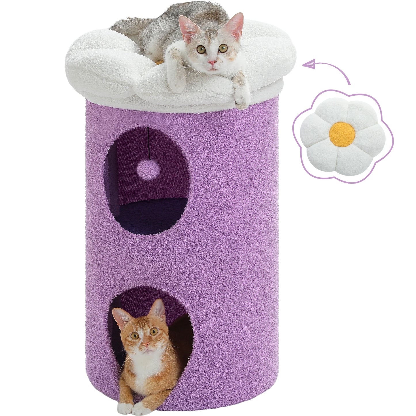 Double-Deck Cat House with Cozy Large Condos, Spacious Cat Bed with Luxury Flower Perch, Pompom Ball, Cat Furniture for Indoor