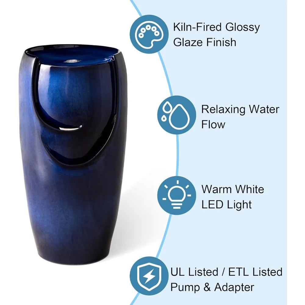 29.25" H Oversized Ceramic Vase Outdoor Water Fountain Tall Patio Garden Water Fountain with LED Light and Submersible Pump Yar