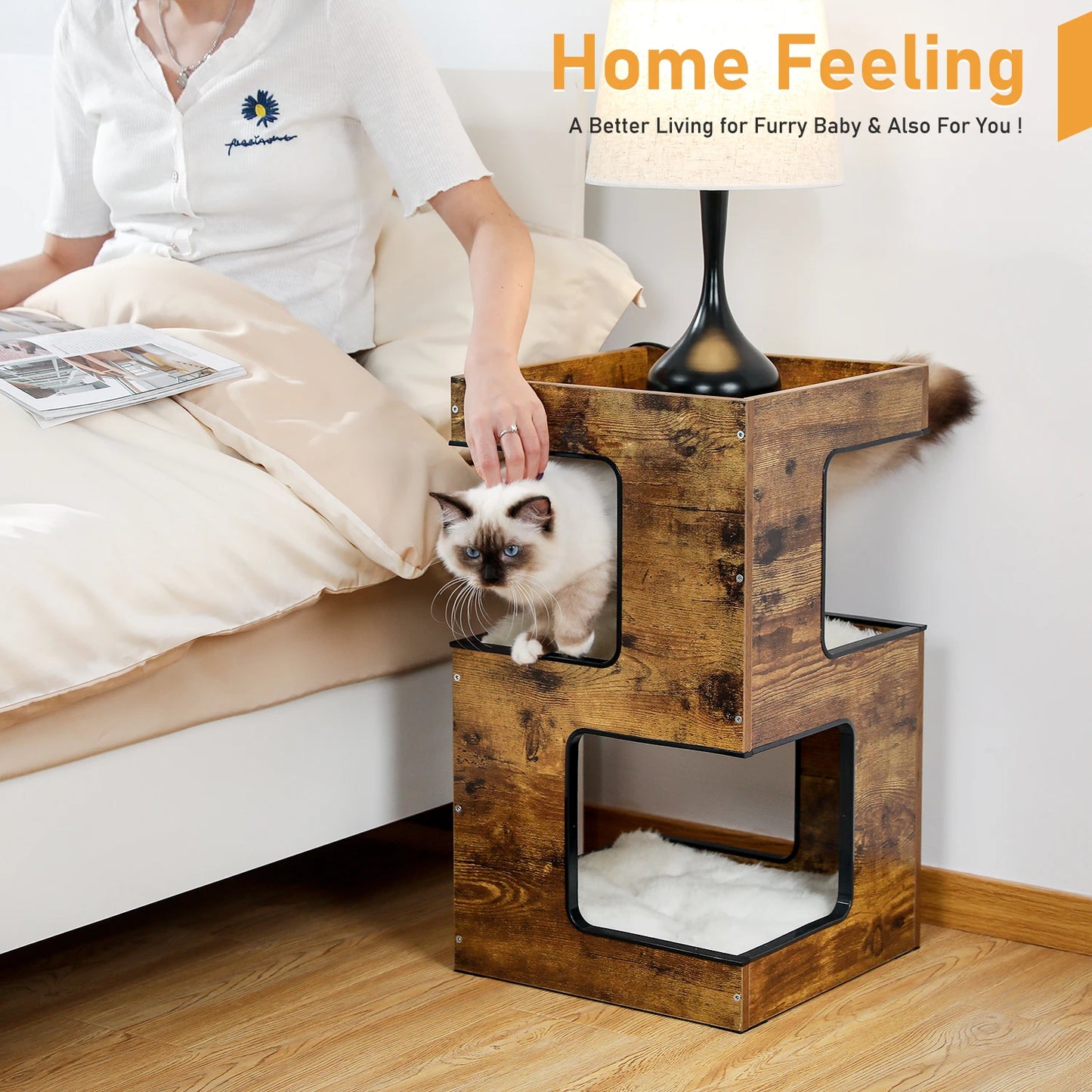Cat Bed with Two Large Condos Scratching Pad Detachable Scratcher Wooden Cat Condo House with Plush Mats Cat Furniture Cat Toys