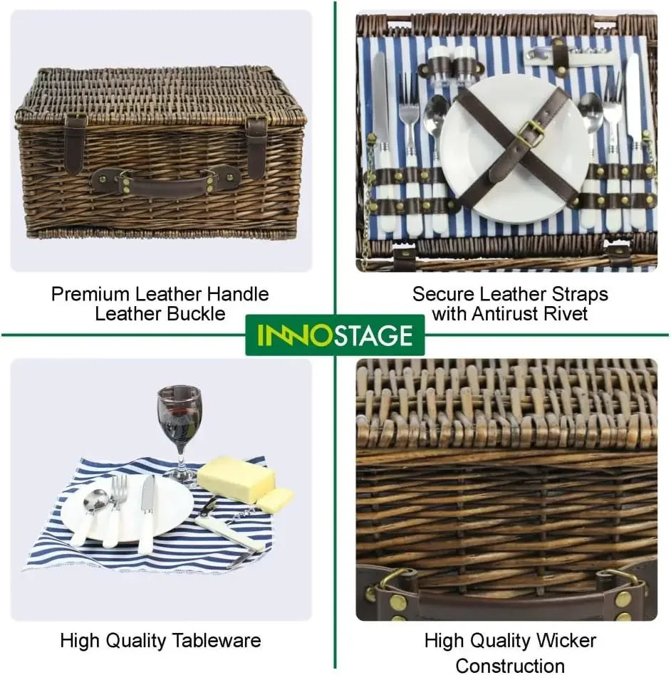 Wicker Picnic Basket for 2 with Waterproof Picnic Blanket, Picnic Set for 2 with Sand-Proof Beach Mat,Willow Hamper Service