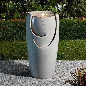 29.25" H Oversized Ceramic Vase Outdoor Water Fountain Tall Patio Garden Water Fountain with LED Light and Submersible Pump Yar
