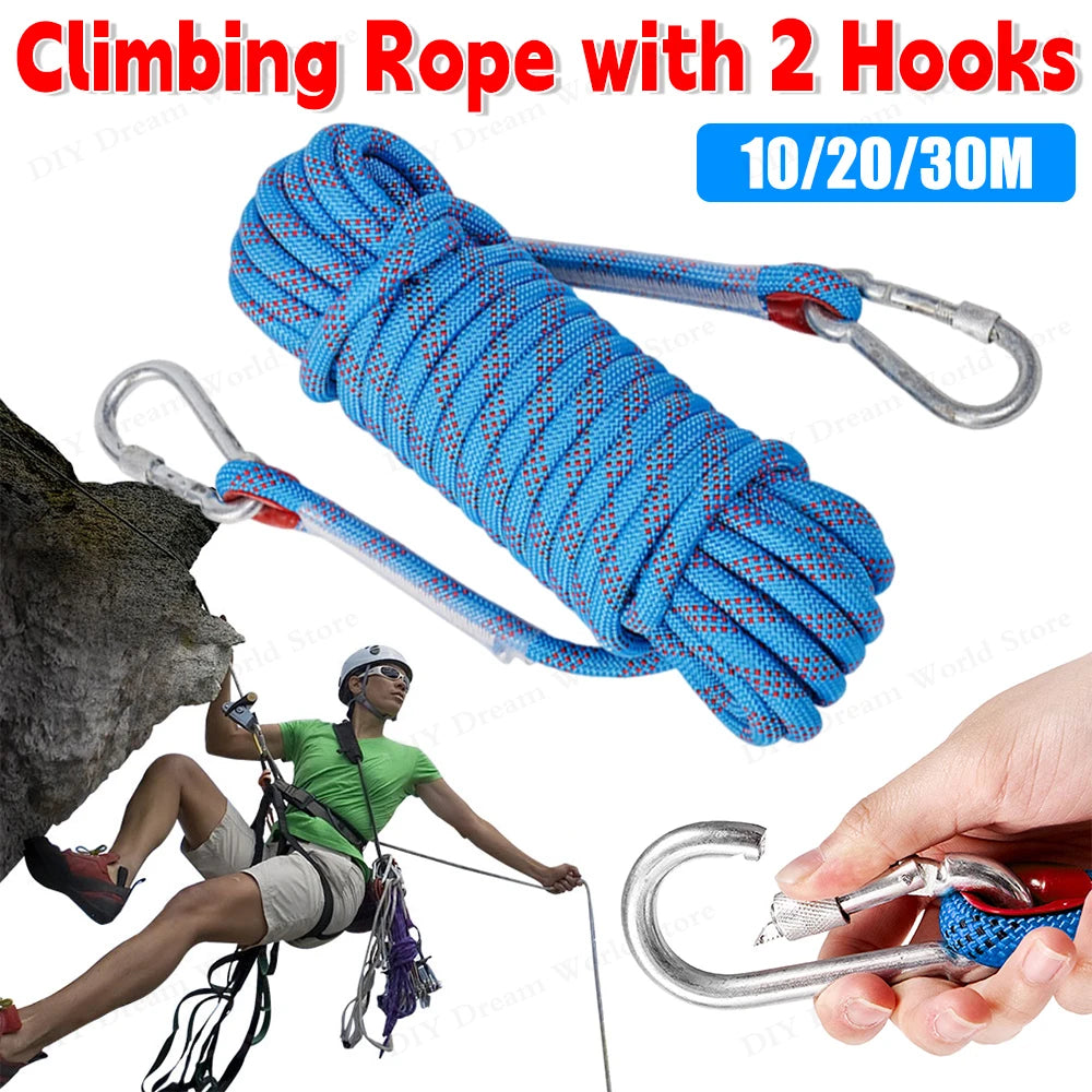 10mm Rock Climbing Rope 10M/20M/30M Safety Life Rope with 2 Hooks Mountaineering Rope Outdoor Survival Fire Escape Car Rescue