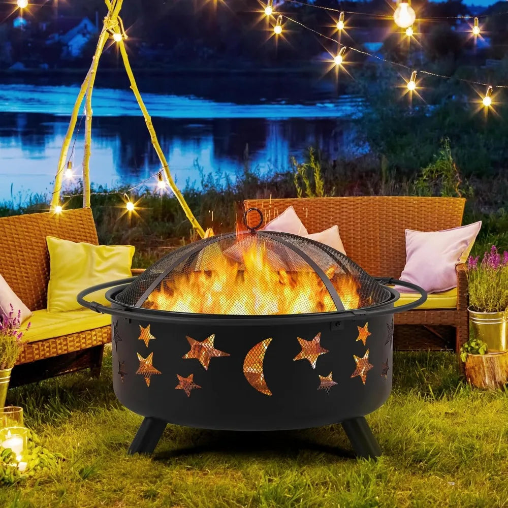 Fire Pit 30in Fire Pits for Outside Wood Burning Outdoor Fireplace with Spark Screen, Poker for Bonfire Patio Backyard Garden P