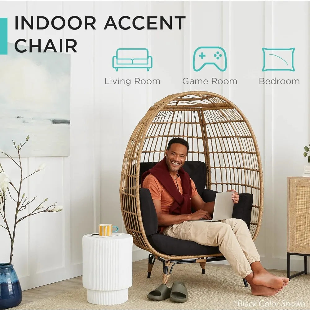 Wicker Egg Chair, Oversized Indoor Outdoor Lounger for Patio, Backyard, Living Room w/ 4 Cushions, Steel Frame,440lb Capacity