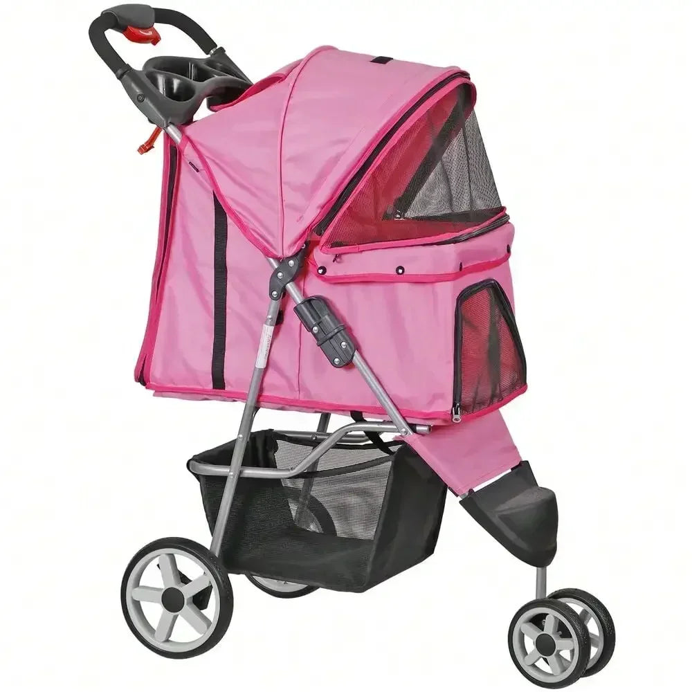 Foldable 3 Wheels Pet Stroller Dog Cat Cage Jogger Stroller with Cup Holder Pink