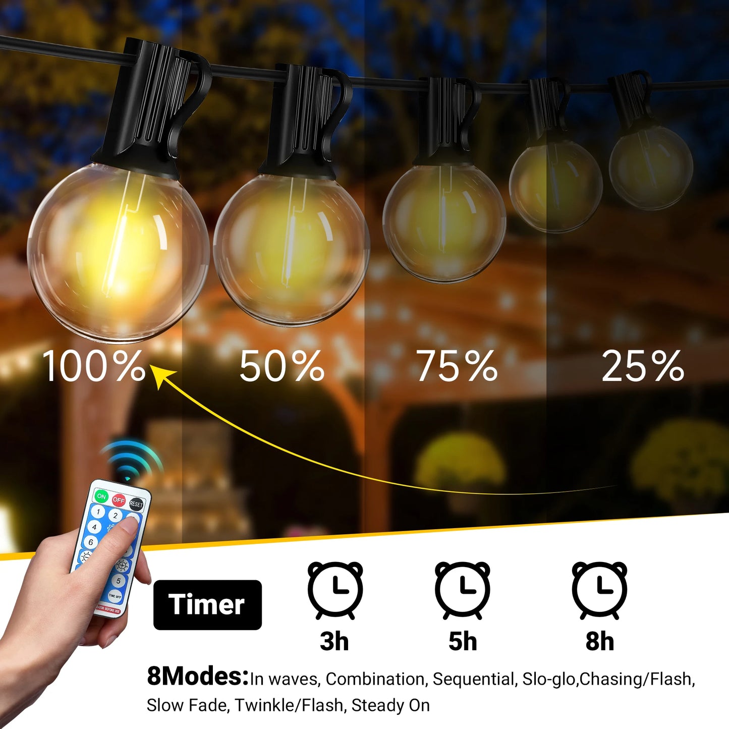 100ft Solar Outdoor String Lights, Waterproof Patio Lights with Remote, 50 LED Bulbs, 8 Lighting Modes, for Yard Outside