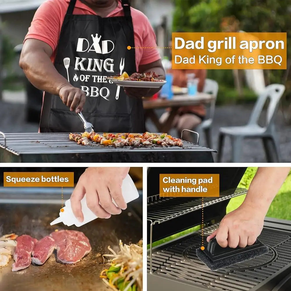 Best Dad Gifts Outdoor Grill Set Unique BBQ Accessories Dad Apron Burger Spatula Tongs Grill Tools Father Day Birthday Christmas