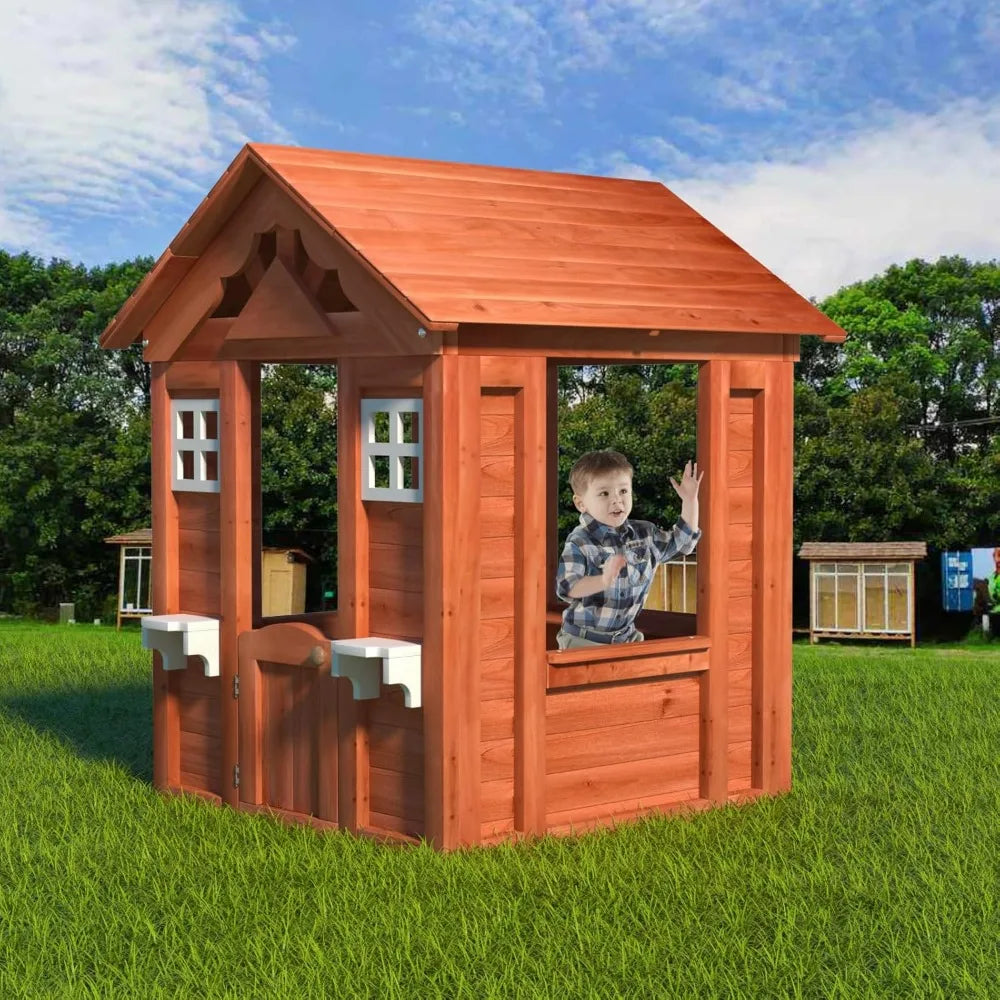 Wooden Outdoor Playhouse, Wooden Play House Playground for Backyard with 2 Windows and Flowerpot Holder,42" Lx46 Wx55 H