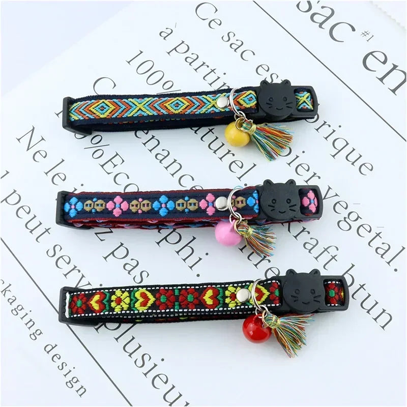 Adjustable cat collar with tassels and bells embellished pet collar colorful plaid jacquard pattern for cat and dog collars
