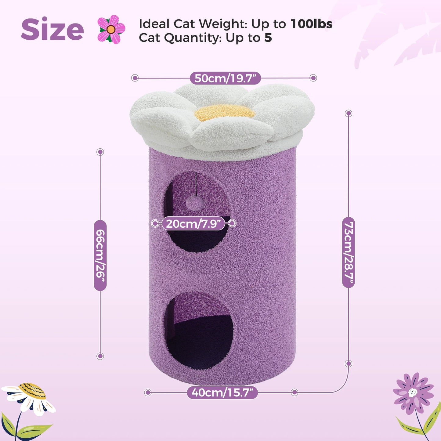 Double-Deck Cat House with Cozy Large Condos, Spacious Cat Bed with Luxury Flower Perch, Pompom Ball, Cat Furniture for Indoor