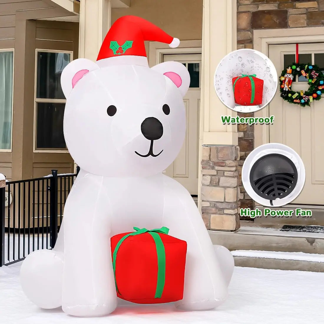GOOSH 5 Ft Christmas Inflatable Bear Outdoor Decorations Blow Up Yard A White Bear Holding a Present for Garden Lawn Decor