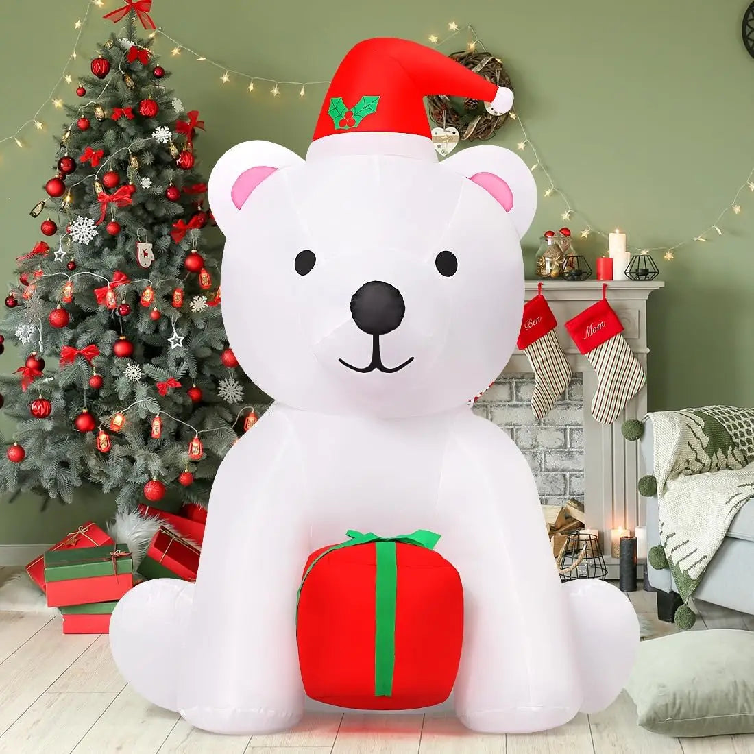 GOOSH 5 Ft Christmas Inflatable Bear Outdoor Decorations Blow Up Yard A White Bear Holding a Present for Garden Lawn Decor