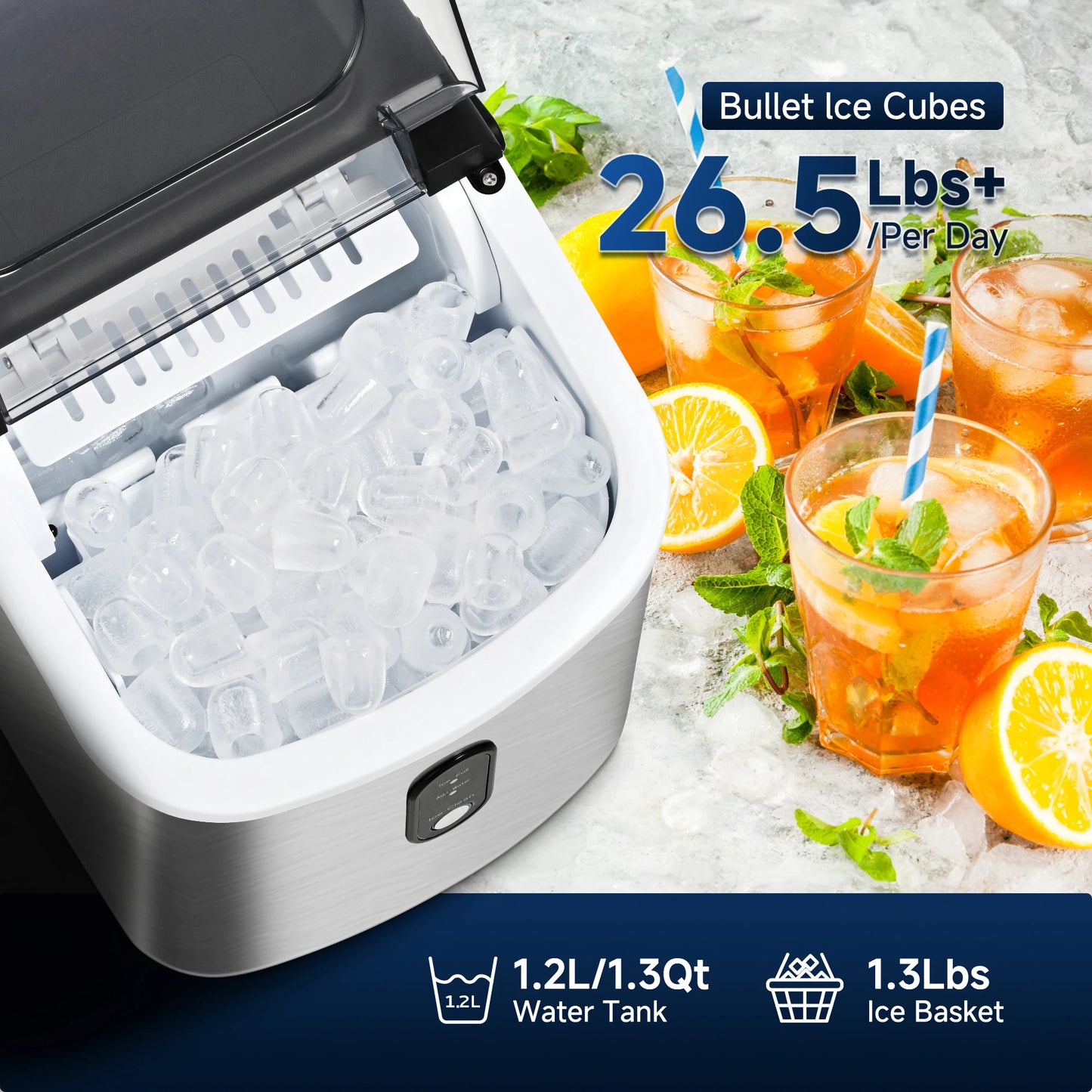 SIMZLIFE Portable Ice Maker Machine 26.5lbs/Day 9 Cubes in 6 Mins with Auto-Cleaning Basket and Scoop for Kitchen Office Party