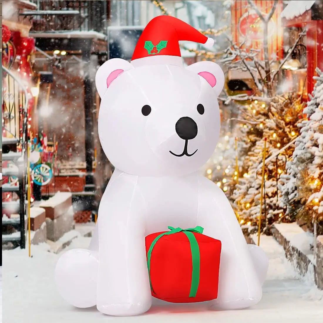 GOOSH 5 Ft Christmas Inflatable Bear Outdoor Decorations Blow Up Yard A White Bear Holding a Present for Garden Lawn Decor