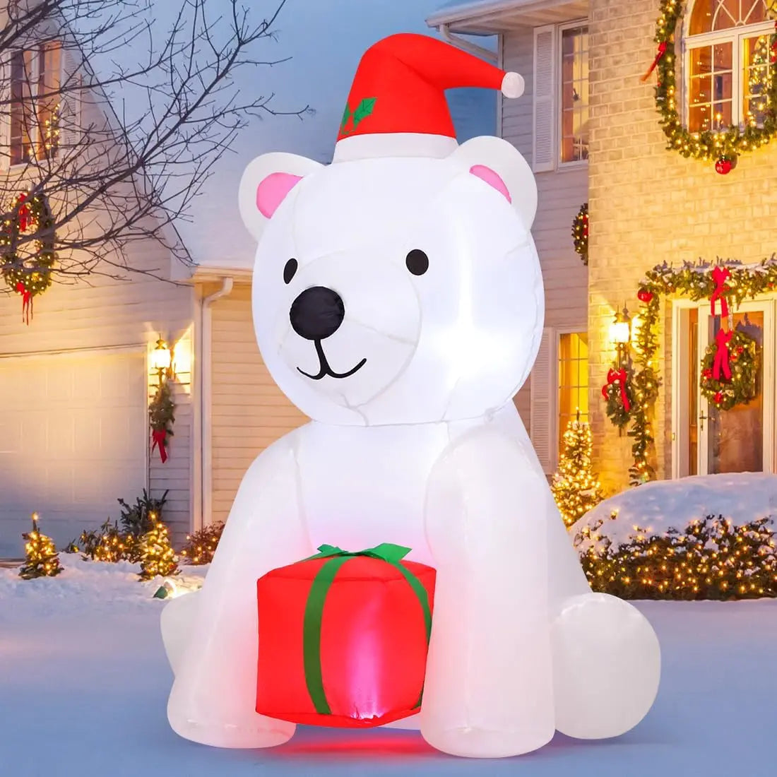 GOOSH 5 Ft Christmas Inflatable Bear Outdoor Decorations Blow Up Yard A White Bear Holding a Present for Garden Lawn Decor