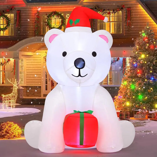 GOOSH 5 Ft Christmas Inflatable Bear Outdoor Decorations Blow Up Yard A White Bear Holding a Present for Garden Lawn Decor
