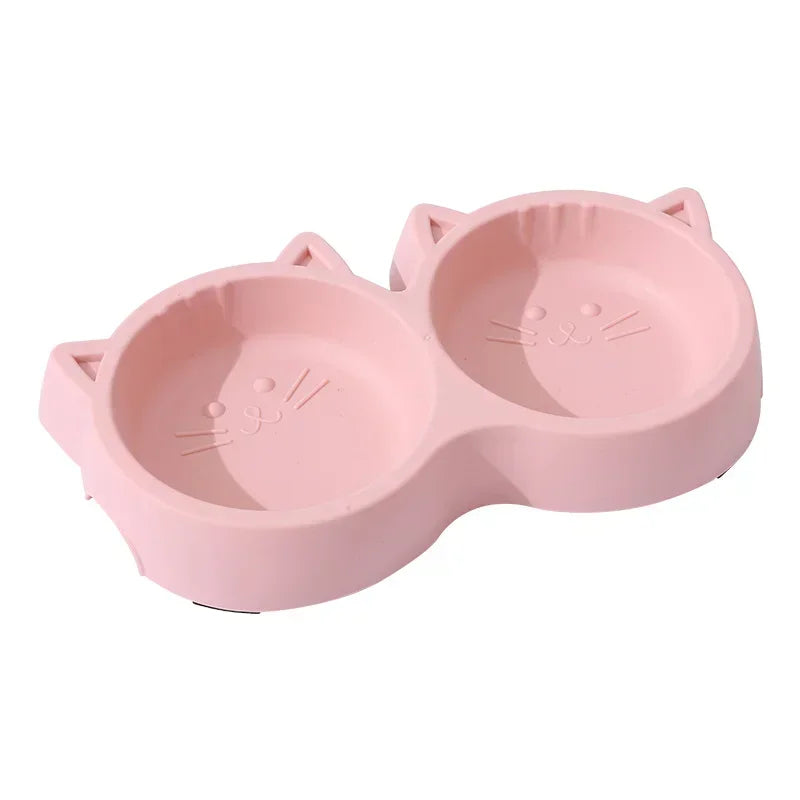 Pet Cat Double Bowl Eco-friendly PP Material Cartoon Cat Face Shape Food Water Feeding Bowl Non-slip Puppy Cat Feeder Supplies
