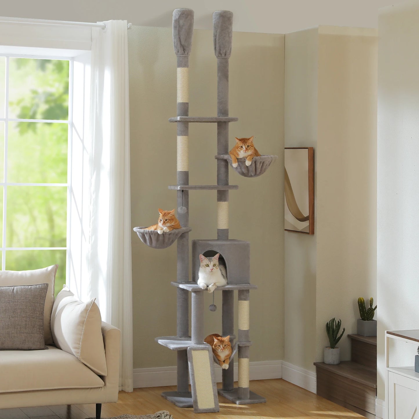 Floor to Ceiling Cat Tree with Sisal Scratching Posts Cozy Condo Hammock Adjustable Height Tall Cat Tower for Indoor Cat Toys - Quick and EZ Shop