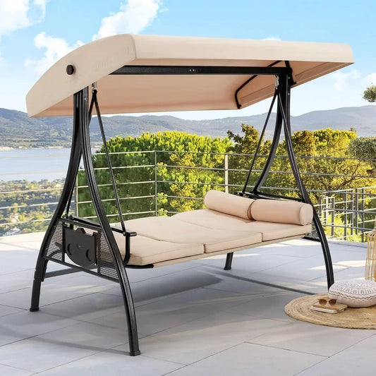 3-Seat Outdoor Porch Swing with Adjustable Canopy and Backrest, Patio Swing Chair with Weather Resistant Steel Frame, Cushions