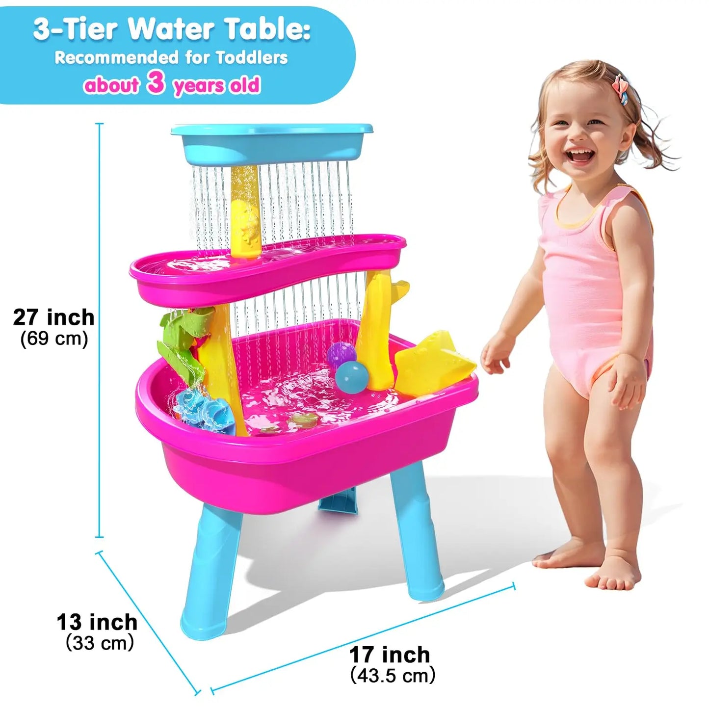VATOS 3-Tier Water Table for Toddlers 37-Piece Kids Water Table Rain Shower Pool Set for Sensory Sand Water Play  Summer Toys