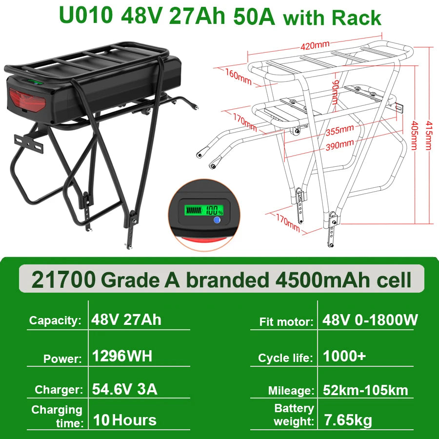 Rear Rack eBike Battery 21700 18650 52V 48V 28Ah 24Ah 20Ah With Double Luggage for 2000W 1500W 1000W 750W 500W 24"-28 inch Motor