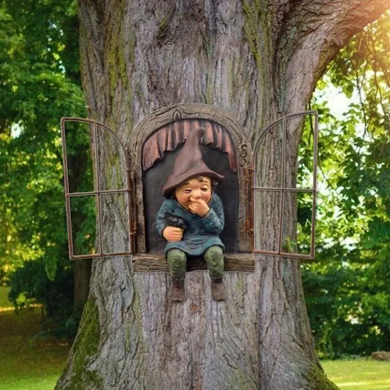 Creative Garden Gnome Statue Elf Out Tree Hug for Porch Decor