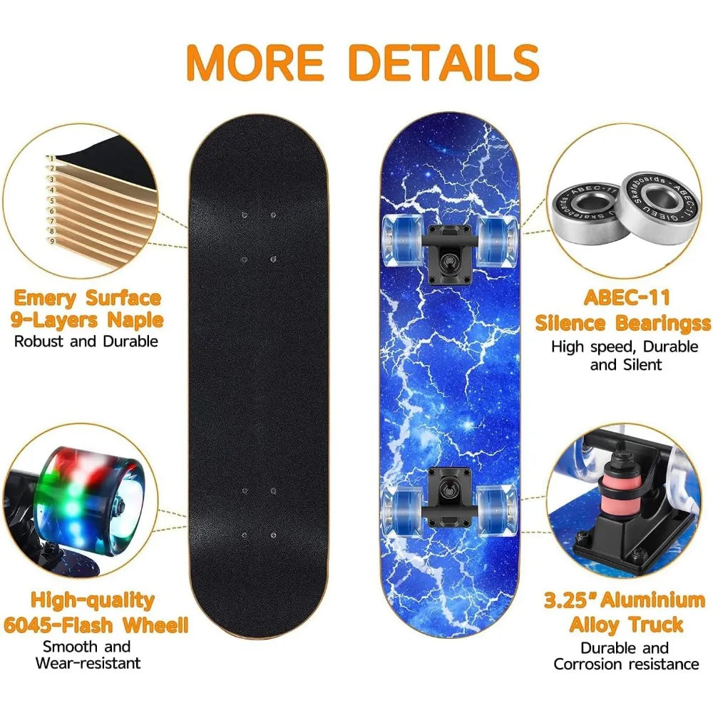 Skateboards with Colorful Flashing Wheels for Beginners,Kids,Teens,Adults, Complete Standard Skate Boards 9 Layer Canadian Maple