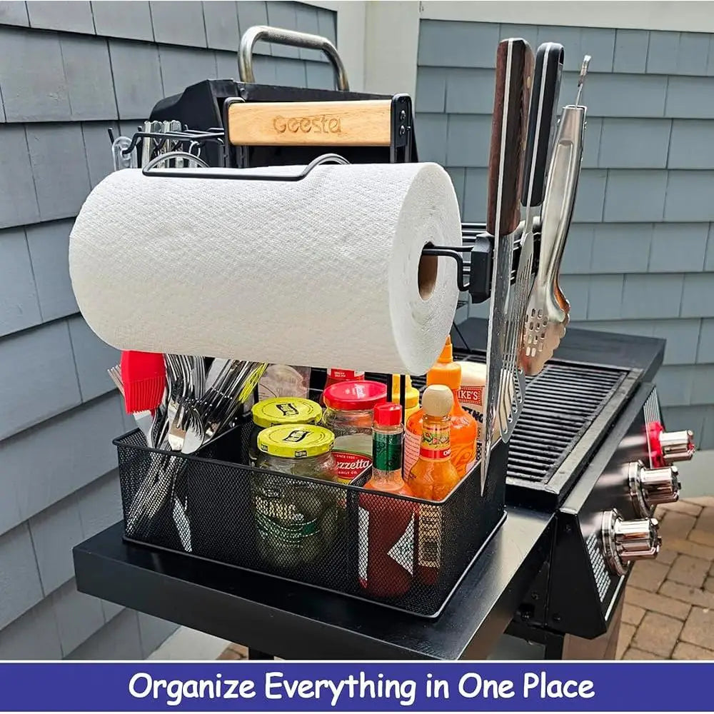 Outdoor Grill Caddy BBQ Organizer with Paper Towel Holder Magnetic Tool Holder Condiment Storage Adjustable Portable Picnic