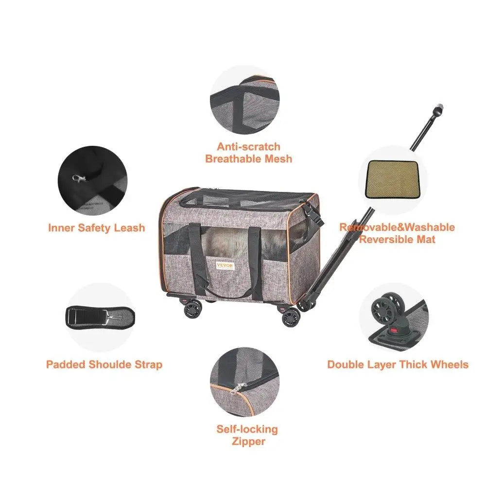 Rolling Cat Carrier with Wheels - Airline Approved Pet Travel Bag, Telescopic Handle & Shoulder Strap, for pets up to 22 lbs,