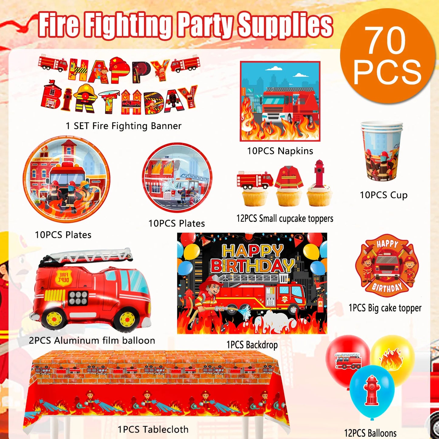 Fire Truck Birthday Party Supplies,70pcs Decorations&Tableware Set-Fire Truck Party Plates Cups Napkins&Themed Balloon Back etc