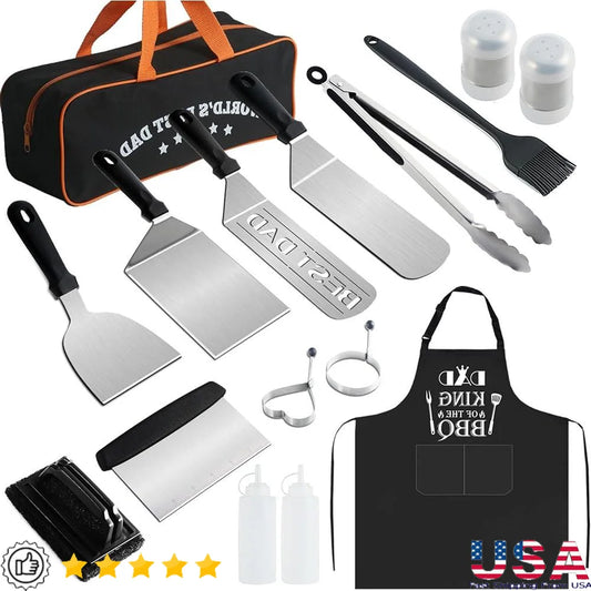 Best Dad Gifts Outdoor Grill Set Unique BBQ Accessories Dad Apron Burger Spatula Tongs Grill Tools Father Day Birthday Christmas