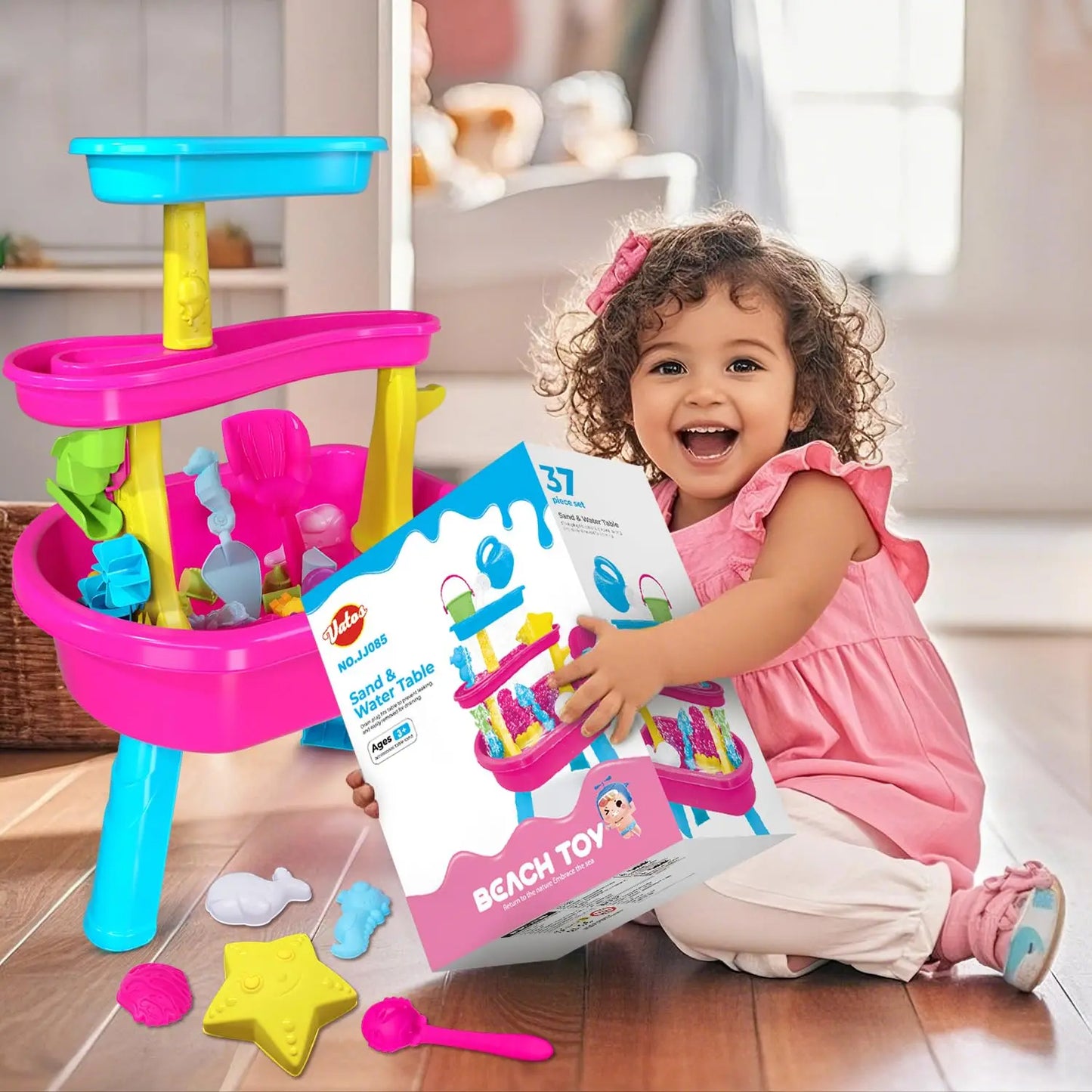 VATOS 3-Tier Water Table for Toddlers 37-Piece Kids Water Table Rain Shower Pool Set for Sensory Sand Water Play  Summer Toys