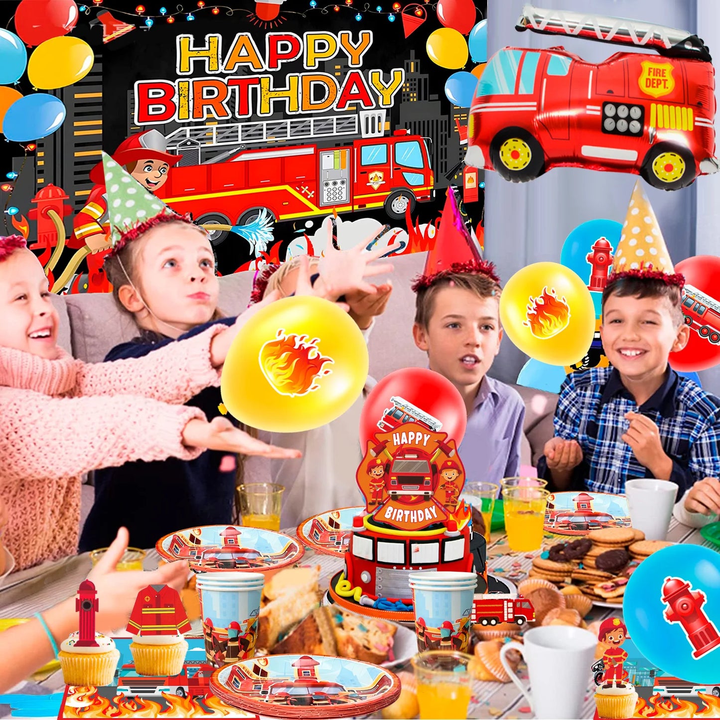 Fire Truck Birthday Party Supplies,70pcs Decorations&Tableware Set-Fire Truck Party Plates Cups Napkins&Themed Balloon Back etc