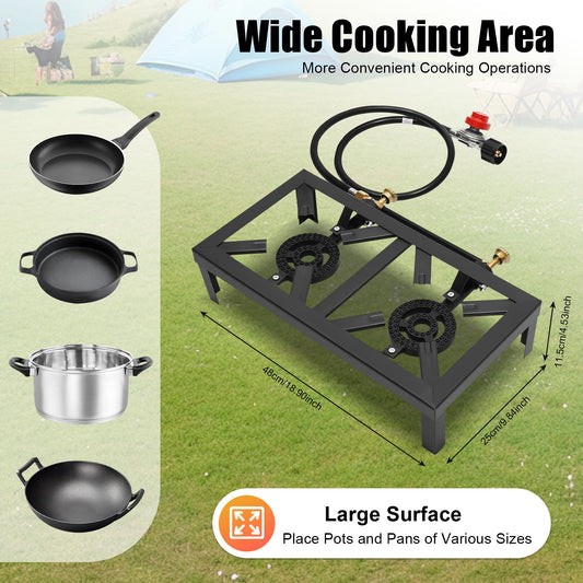 Portable Double Burner Outdoor Gas Stove Propane Cooker with Adjustable 0-10Psi Regulator Hose for Patio Camping, BBQ