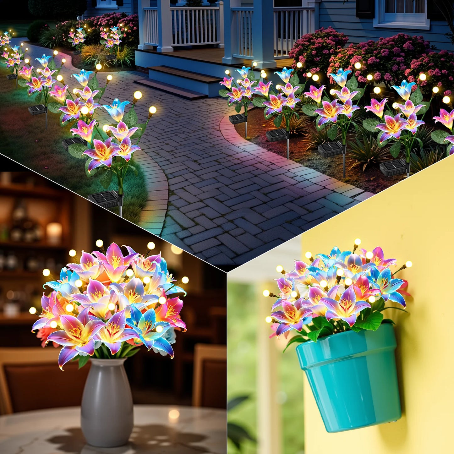 4/8Pack Solar Lights: Realistic Lilies & Fireflies, 7 Colors for Patio/Garden/Events/Holidays, Outdoor Decor Gift